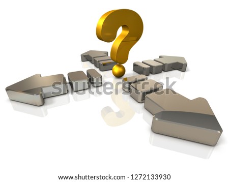 A large arrow extending in the front and back and left and right. A big question mark is a symbol representing unpredictable confusion. White background. 3D illustration