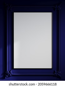 Large Art Frame With Black Edging. Beautiful Curly Molding With Decorations. Deep Blue Navy Walls And Sunbeam. Accent On The Picture. 3d Rendering.