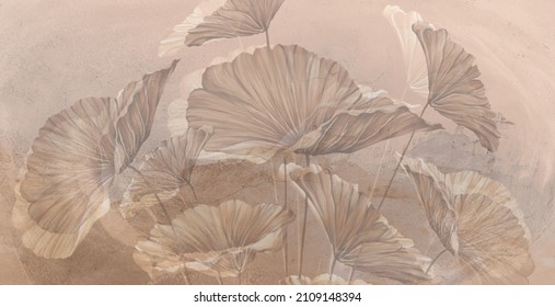 large art painted leaves on a textured wall, in pastel colors, photo wallpaper for the interior