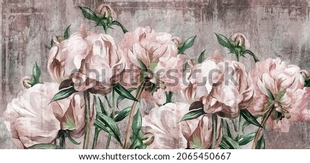 large art peony painted on a textured background in pastel shades, merge photomurals into the rooms or the interior of the house