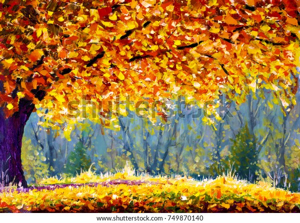大きな秋の木原油絵 キャンバス上に黄橙色の木冠絵 日差しの多い秋の牧草地印象派の芸術作品 秋の風景イラスト 暖かい金色の秋の模様 のイラスト素材