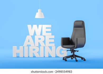 Large back office armchair with white we are hiring announcement, blue background. Concept of recruitment, vacancy, job search and workplace. 3D rendering illustration - Powered by Shutterstock