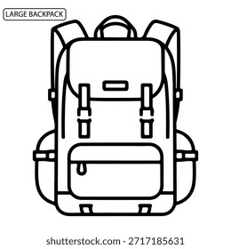 Large Backpack Icon, Front View Rucksack for Hiking and Travel Minimalist Line Art Vector