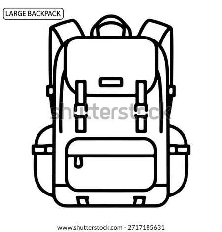 Large Backpack Icon, Front View Rucksack for Hiking and Travel Minimalist Line Art Vector