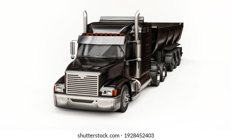 Large black American truck with a trailer type dump truck for transporting bulk cargo on a white background. 3d illustration