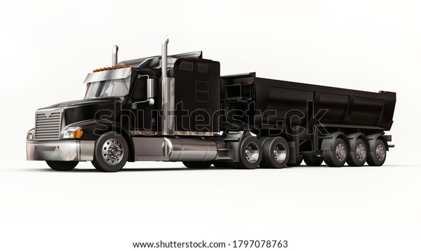 Large black American truck with a trailer\
type dump truck for transporting bulk cargo on a white background.\
3d illustration.