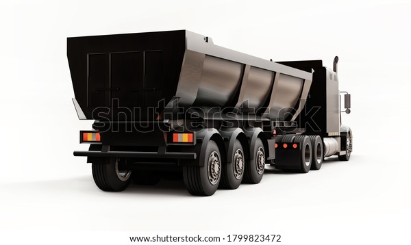 Large black American truck with a trailer\
type dump truck for transporting bulk cargo on a white background.\
3d illustration.