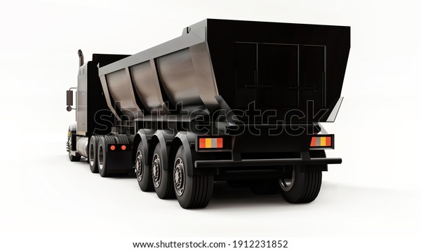 Large black American truck with a trailer\
type dump truck for transporting bulk cargo on a white background.\
3d illustration