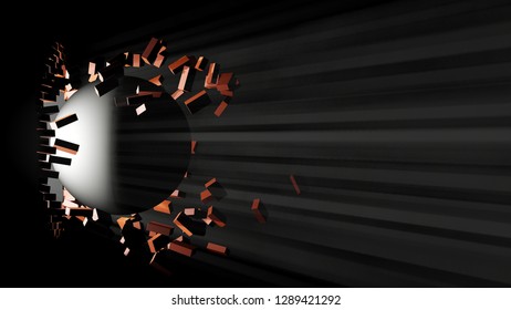 A Large Black Ball Smashed A Brick Wall. Visible Light From The Hole. 3d Illustration. The Concept Of Breaking Down Barriers, Overcoming Difficulties And Success.