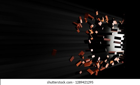 A Large Black Ball Smashed A Brick Wall. Visible Light From The Hole. 3d Illustration. The Concept Of Breaking Down Barriers, Overcoming Difficulties And Success.