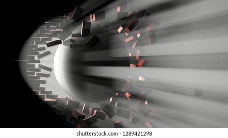 A Large Black Ball Smashed A Brick Wall. Visible Light From The Hole. 3d Illustration. The Concept Of Breaking Down Barriers, Overcoming Difficulties And Success.