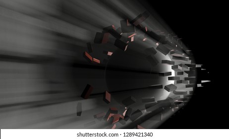 A Large Black Ball Smashed A Brick Wall. Visible Light From The Hole. 3d Illustration. The Concept Of Breaking Down Barriers, Overcoming Difficulties And Success.