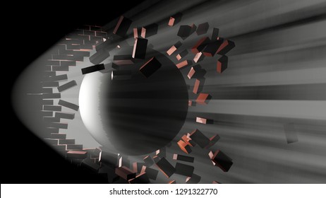 A Large Black Ball Smashed A Brick Wall. Visible Light From The Hole. 3d Illustration. The Concept Of Breaking Down Barriers, Overcoming Difficulties And Success.