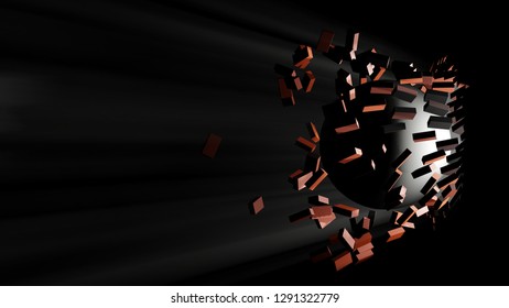 A Large Black Ball Smashed A Brick Wall. Visible Light From The Hole. 3d Illustration. The Concept Of Breaking Down Barriers, Overcoming Difficulties And Success.