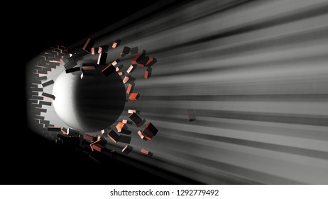 A Large Black Ball Smashed A Brick Wall. Visible Light From The Hole. 3d Illustration. The Concept Of Breaking Down Barriers, Overcoming Difficulties And Success.