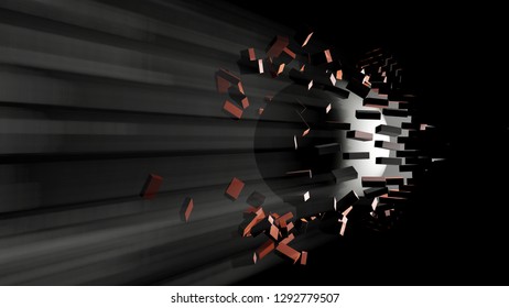 A Large Black Ball Smashed A Brick Wall. Visible Light From The Hole. 3d Illustration. The Concept Of Breaking Down Barriers, Overcoming Difficulties And Success.