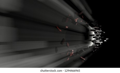 A Large Black Ball Smashed A Brick Wall. Visible Light From The Hole. 3d Illustration. The Concept Of Breaking Down Barriers, Overcoming Difficulties And Success.