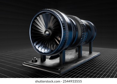 A large black jet engine is on display. The jet engine is a model and is on a stand