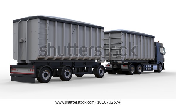 Large black truck with separate trailer, for\
transportation of agricultural and building bulk materials and\
products. 3d\
rendering.