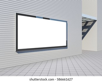 Large Blank Billboard Lightbox Mockup On Gray Wall Of Shopping Mall Or Office Building, Horizontal, 3d Rendering