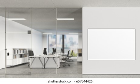 Large Blank Horizontal Poster On The Wall In Modern Office With Clipping Path Around Poster. 3d Illustration