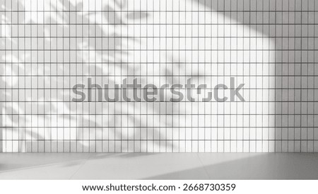 Large blank white vertical rectangle tile wall in dappled light sunlight, black grout line, tree shadow on gray floor for minimal, modern, luxury interior design decoration architecture background 3D