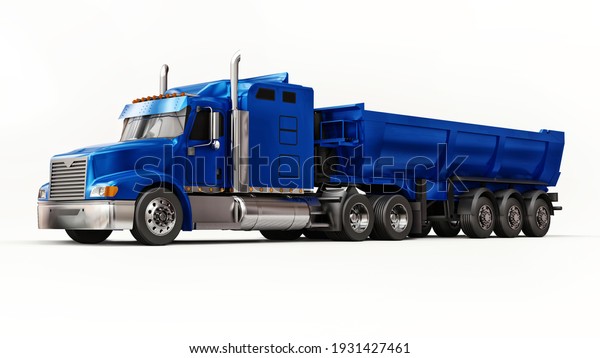 Large\
blue American truck with a trailer type dump truck for transporting\
bulk cargo on a white background. 3d\
illustration.