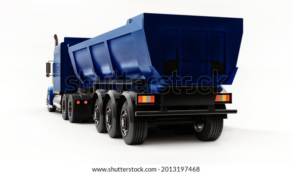 Large\
blue American truck with a trailer type dump truck for transporting\
bulk cargo on a white background. 3d\
illustration