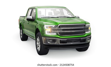 A large blue modern pickup truck with a double cab, glowing headlights on a white uniform background. 3d rendering