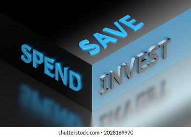 Large bold words Save - Spend - Invest arranged on cube corner over mirror surface. 3d illustration.