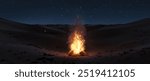 large bonfire with sparks and particles at sand dunes at night. 3D Rendering