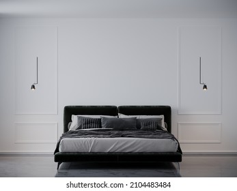 Large Bright Bedroom In A Modern Classic Style. White Walls With Moldings Stucco. Bed Accent With Gray Elements And Black Color. 3d Rendering