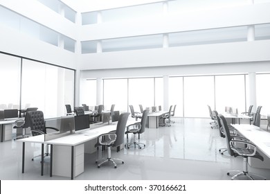 Large, bright modern office with windows and furniture 3D Render