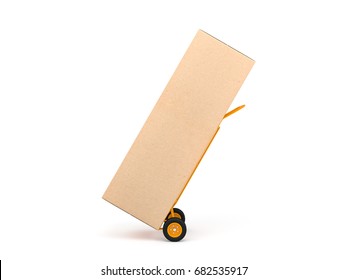 Large brown kraft cardboard box packaging for refrigerator on Hand Truck, 3d rendering