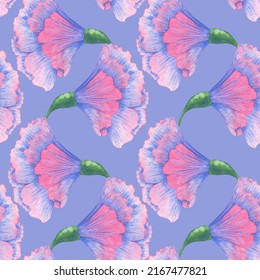 Large Carnation Flowers. Pink Buds With Blue Veins. Floral Ornamentation On A Lilac Background. Watercolor Seamless Pattern For Fabrics, Wallpaper And Prints.