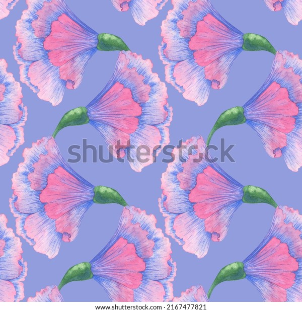 Large carnation flowers. Pink buds with blue veins. Floral ornamentation on a lilac background. Watercolor seamless pattern for fabrics, wallpaper and prints.