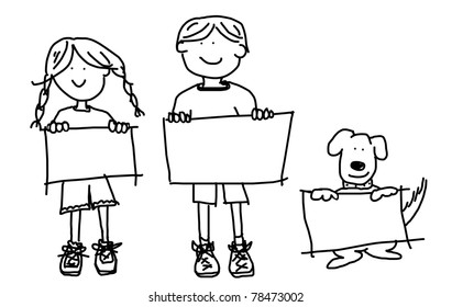 Large Cartoon Characters: Simplistic Black Line Drawings Of Two Smiling Kids And Their Dog Holding Up Blank Poster Board