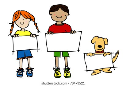 Large Cartoon Characters: Simplistic And Colorful Line Drawings Of Two Smiling Kids And Their Dog Holding Up Blank Poster Board