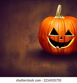 A Large Carved Jack-o-lantern Pumpkin With A Smiling Face For Halloween In Rot Of A Minimalist Brown Background.