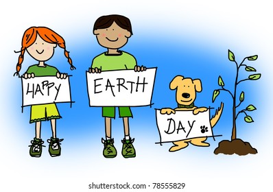 Large Childlike Cartoon Characters: Green Or Environmental Concept With Boy And Girl Kids And Their Dog Holding Up HAPPY EARTH DAY Sign Or Placard.