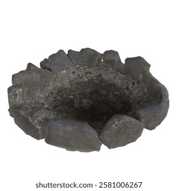 A large circular fire pit constructed from rough stones is outdoors in a natural setting.