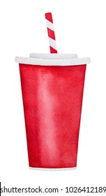 Large Classic Takeaway Red Soda Paper Cup With Straw, Ready To Drink. One, Single Object. Fun, Refreshment, Entertainment Symbol. Hand Drawn Watercolour Graphic On White Background, Cutout Isolate.