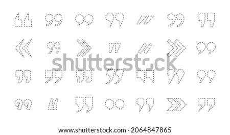 Large collection of commas and quote marks. Light dotted line. Flat line illustration isolated on white background. Editable stroke.