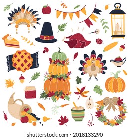 Large collection of objects and items for Thanksgiving. Traditional dishes, clothes, decor for the national American autumn holiday. Elements and cliparts for the design of greeting cards, stickers - Powered by Shutterstock