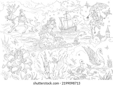 Large Coloring Poster With Famous Fairytale Scenes And Characters Of Hans Christian Andersen Such As Little Mermaid, Ole Lukoie, Thumbelina, Ugly Duckling, Gerda, Tin Soldier