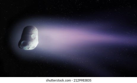 Large Comet Flies In Space Against The Background Of Stars. Tail And Nucleus Of A Comet 3d Illustration. 