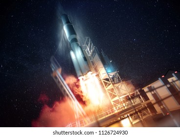 A Large Commercial Rocket Being Launched Into Space At Night. 3D Illustration.