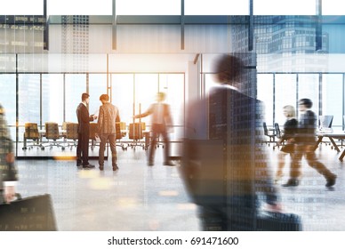 Large Company Lobby With Business People Walking. A Cityscape Is In The Foreground. Front View. 3d Rendering Toned Image Double Exposure