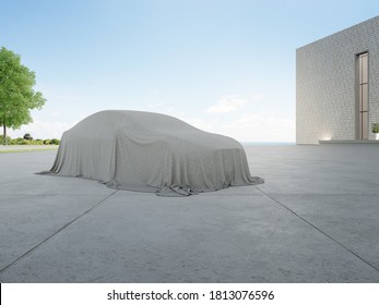 Large Concrete Floor And Brick Wall Building. 3d Rendering Of New Car Covered With Cloth.