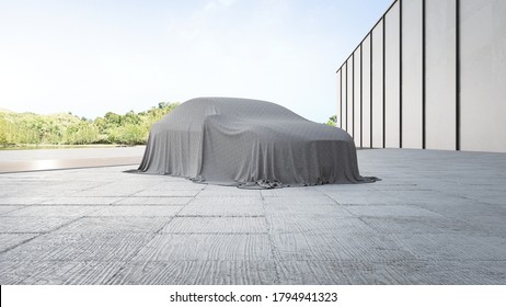 Large concrete floor and gray wall. 3d rendering of new car covered with cloth.